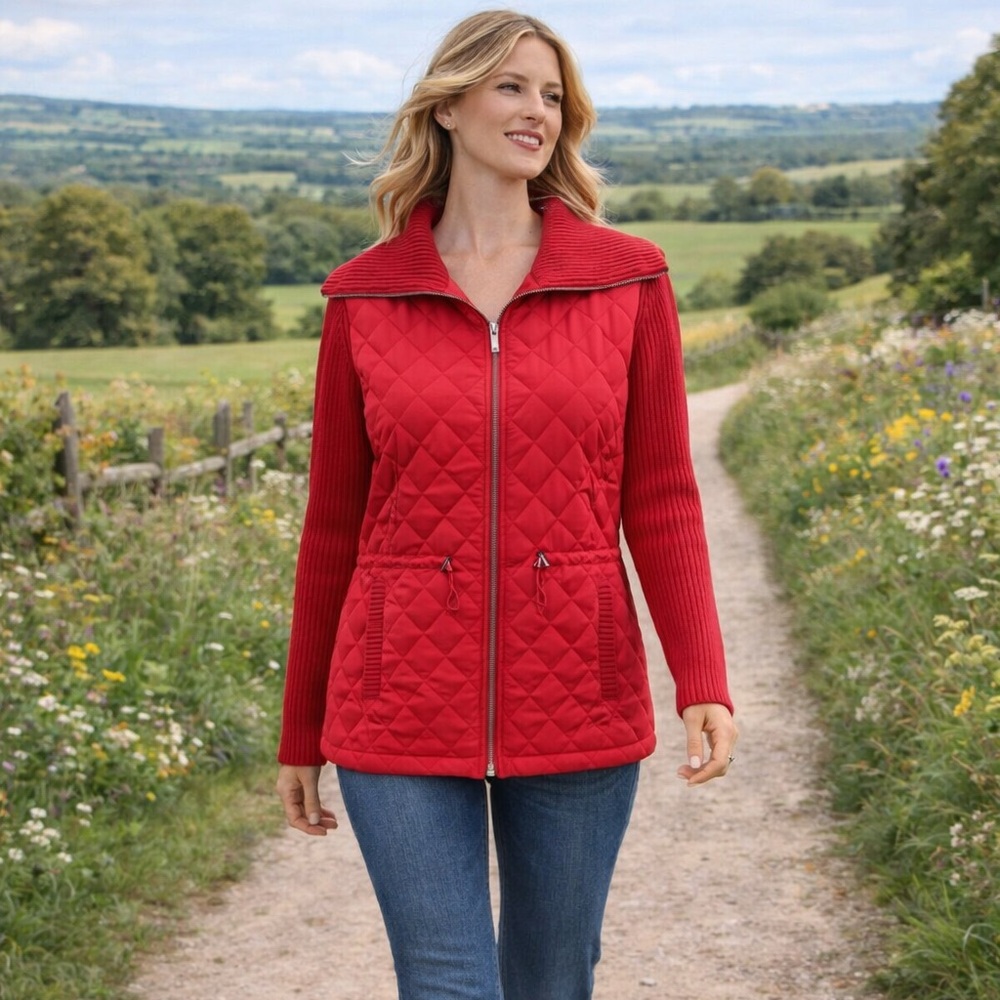 Jones New York Red Quilted Knit Jacket Zip Front Sweater Puffer M Lightweight